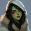 Placeholder: A digital illustration of a young woman, green skin, black hair, red eyes, wearing furs