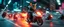 Placeholder: arch rocket ship scooter coated cat captain in high speed pursuit among neon rat cyber soldiers, with background motion blur