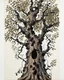 Placeholder: Abstract primitive tree composed of organic bark and leaf textures, fragmented into interlocking sections of varying magnification (macro veins, branch close-ups, distant silhouettes), all fused with no boundaries; rough charcoal, angular limbs and leaves, each section using distinct hatching densities and mark systems, high-contrast black on white, naive cubist/raw sketch style, continuous bleeding collage, square frame, edge-to-edge. Colored in rich but soft earth tones with the blacks preser