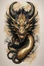 Placeholder: Create a captivating modern 2d black and gold ink tattoo design for print , prestigious perfect Huku Dragon using the elegant influences of japan art style, for print, dynamic elements from fashion and design, and bold Japanese contemporary art aesthetics, framing centered in the center, distanced from the edges of the paper perimeter, perfect anatomy, bauhaus, Divine Proportion,