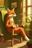 Placeholder: a human fox sit in a chair, at a house, ghibli style