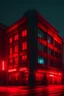 Placeholder: Dimly lit misty building with red neon lights