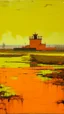 Placeholder: An orange colored marshland near an iron fortress painted by Piet Mondrian
