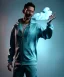 Placeholder: Realistic image, waist up view, a guy making the fuck off gesture with his hand, blue smoke coming out of his nose and mouth, happy. Latex cloth, inflatable hoodie, soft color, highly detailed, unreal engine 5, ray tracing, RTX, lumen lighting, ultra detail, volumetric lighting, 3d, finely drawn, high definition, high resolution.