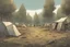 Placeholder: campsite, tents, overgrown, post-apocalyptic, comic book, forest, cinematic, panoramic