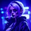 Placeholder: introverted young Alluring cyberpunk witch With Dark Eyeshadow, short purple and white hair, black jacket, purple eyes