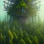 Placeholder: close up on holy scientist in coat ,cell towers overgrown with moss, trees and vegetation, spray paint art, book illustration, 4k, high detail, filmed from drone