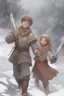 Placeholder: DnD style, two medieval peasant kids playing in the snow male and female, age 14 and 15, happy and playful, he has a short sword.