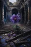 Placeholder: Oil painting of a purple flower amid withered and dead flowers in an abandoned garden in an abandoned palace in the ancient era Photorealistic