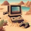 Placeholder: console Mega drive géante abandonner et dàtruite dans le dessert a moitié enterré dans le sable, ambiance retro