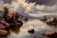 Placeholder: Cloudy day, lake, rocks, begginer's landscape, 2000's sci-fi movies influence, friedrich eckenfelder, and pieter franciscus dierckx impressionism paintings