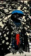 Placeholder: A contemporary serigraphy portrait by Matisse and Kunisada of a crow adorned in a punk leather jacket within a snowy Christmas atmosphere.