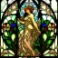 Placeholder: A big Art Nouveau stained-glass window in an Art Nouveau villa by artist "Alphonse Mucha"