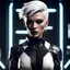 Placeholder: white haired futuristic assassin, short hairstyle with sides shaved, dark eyeshadow, black lipstick, black bodysuit, relaxed confident powerful intense, Unreal Engine rendering, 8k, video game character