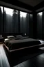 Placeholder: bedroom, minimalism, black and dark wood, modern, big window overlooking the dark forest, rain, cozy big bed, no lights, night,