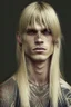 Placeholder: Long blond straight hair with bangs, neck tattoos, blind, man