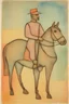 Placeholder: Man on horseback in the style of Paul Klee, Degas, pastel chalk with thin sketchy lines, vibrant colours, ink transfer