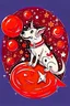 Placeholder: white and orange dog flies to the moon top of the a rocket