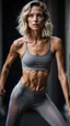 Placeholder: photography of a beautiful anorexic woman, grey satin sports bra, sports illustrated, blond short wavy bob haircut, pronounced sternum, grey running leggins