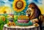 Placeholder: Lion is having a birthday cake. Sunflowers. Highly detailed, smooth colours, realistic landscape. Aquarell