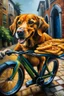 Placeholder: oil painting with a dog biking with a pizza
