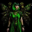 Placeholder: Full body, gothic woman with a bob with a fringe hairstyle, steampunk metal moth wings, green markings, black background