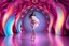 Placeholder: beautiful lady with todays modern clothing and sport shoes, in surreal stage made of 3d fractal random size recursive objects with helical strip colors in clothing similar to environment full body dancing to camera,animating background metallic random color and size recursive objects