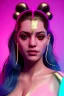 Placeholder: Realistic image, Rosalía artist, portrait, waist up portrait, pink black eye line, sweet, gold and pink geisha style, glow make up, led lights, neon, fog, rain, latex, vibrant color, highly detailed, art stations, concept art, smooth, unreal engine 5, god rays, ray tracing, RTX, lumen lighting, ultra detail, volumetric lighting, 3d, finely drawn, high definition, high resolution.