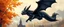 Placeholder: portrait of a shiny black dragon squirrel in autumn, flying above wooden castle, breathing smoke, book cover illustration, with metallic transparent wing border on left and right of frame