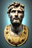 Placeholder: Ultra Realistic image, Roman sculpture, white marble material, Lionel Messi, gold Laurel leaves wreath, renaissance ornaments, radial gold lines, one gold star in heart, gold sun ornament back, blue background, chisel style, waist up portrait, emperor style, epic, celestial, cinematic lighting, God light, god rays, 4k resolution, smooth details, ornate details, soft lighting, unreal engine 5, art station, substance 3d.