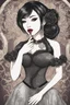 Placeholder: An attractive gothic Asian woman wearing a black dress, goth make up likely at a formal event or night out. She has a stunning look with her makeup and lipstick, drawing attention to her lips. The stylish dress and her passionate expression create an elegant and alluring atmosphere.