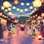 Placeholder: Create a book cover for "Cozy Japan Coloring Book" featuring a joyful Bon Odori festival scene as the central focus. Graceful dancers in colorful yukata perform traditional movements in a circle under strings of glowing paper lanterns. The scene takes place at twilight in a charming village square, with wooden stalls, fluttering festival flags, and curious children holding sparklers nearby. A taiko drum sits at the center of the dance ring, while soft lantern light reflects on the cobblestone gr