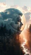 Placeholder: portrait of an astronaut Double exposure surreal digital art of a mysterious , his face in profile, blending seamlessly into the shape of the clouds . a magical forest scene unfolds, illuminated by golden light rays, with tall trees and a flowing river.