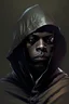 Placeholder: black young bald wizard man with hood on