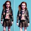 Placeholder: Zoey deutch toddler, full body, leather jacket, floral shirt, floral skirt, Nike sneaker, soft skin, city background, dramatic lighting, hyper realistic