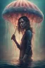 Placeholder: tall slim woman in ragged clothing, in an underwater scenen, holding an umbrella made from a jellyfish, raining, detailed matte painting, deep colour, fantastical, intricate detail, complementary colours, fantasy concept art, 8k resolution, Unreal Engine 5