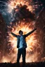 Placeholder: Young man standing, with arms raised, in front of an exploding building at night, with auras around him