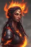 Placeholder: Paladin druid female made from fire . Hair is long and bright black some braids and it is on fire. Eyes are noticeably red color, fire reflects. Make fire with hands . Has a big scar over whole face. Skin color is dark