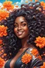 Placeholder: vibrant psychedelic analytic image, airbrush, 8k, cartoon art image of a black curvy female looking to the side smiling with a large mane of curly ombre hair flowing through the wind, prominent makeup with hazel eyes, highly detailed hair, background orange and white flowers surrounding her, dystopian