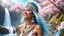 Placeholder: Photo realistic portrait of a gorgeous smiling skinny native indian goddess with a golden dark shining skin, long smooth clear turquoise blue and pink white hair, blue eyes, in a sci-fi outfit with luminous strikes blowing a kiss in a hill of flowers with sakura trees, a waterfall, a crystal palace, loads of mini flowers, moss, sun rays through the branches, particles in the air at spring. Intricated details,