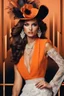 Placeholder: full body beautiful girl, elegant orange,lace clothes of the 80s, luxury style, small elegant hat with feather, hair of the 80s, pearl necklace, earrings masterful, beautiful face