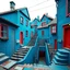 Placeholder: Fotografia di strada assurda e falsa orripilante blu weirdcore dai colori vivaci, liminalcore. Escher. Incubo. Confusione geometrica. Scale che scendono. Yves Tanguy. Non luogo falso, inusuale. Le case sono false e dipinte di nero chiaro con cose stilizzate e dettagli. Ci sono finestrelle false quadrate, che danno un senso distopico e molto surreale, disposte in modo casuale. L'atmosfera generale sembra noiosa e onirica, con un contrasto tra elementi reali ed elementi dipinti falsi, René Magritt