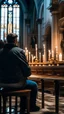 Placeholder: a rear view of a man sitting on a bench prying in the church facing a statue of Jesus on the cross and candles, show the man in the middle and from the back