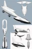 Placeholder: ideation aeroplane airmed inspired by shark with side view, quarter view and front view