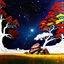 Placeholder: Colourful, peaceful, Egon Schiele, Max Ernst, night sky filled with galaxies and stars, rocks, trees, flowers, one-line drawing, sharp focus, 8k, deep 3d field, intricate, ornate