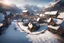 Placeholder: hiper-realistic UNREAL ENGINE game bird-eye view of a Vikings village in Norway winter fjord where people works