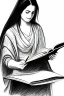 Placeholder: Pencil sketch of Young woman, Arab features,sad, long wavy hair, reading a book, full body، on lined paper