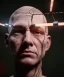 Placeholder: Ultra realistic photographic night portrait, long shot view, cinematic, naked, young, all shaved, head shaved, led lights <strong man> <hanging wires> many wires connected to the head <perfect pupil> <cyborg> <garage> <sci-fi futuristic> <thriller>, fog, soft color, highly detailed, unreal engine 5, ray tracing, RTX, lumen lighting, ultra detail, volumetric lighting, high definition.