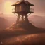 Placeholder: franz frazetta style, watchtower on hill, amon hen, plains in the distance, sunset