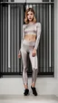 Placeholder: satin leggins, lycra leggins, satin top, lycra top, short wavy bob haircut, teenage trans, fashion pose, lens 80 mm, dof